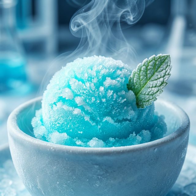 Liquid nitrogen and mint sorbet with vapor